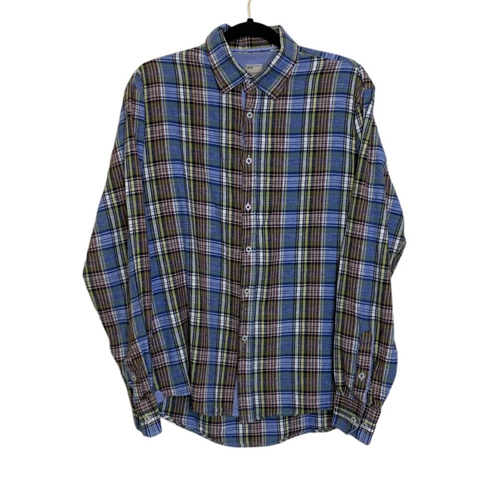 Mason's men blue buttoned long sleeves plaid shirt size Large